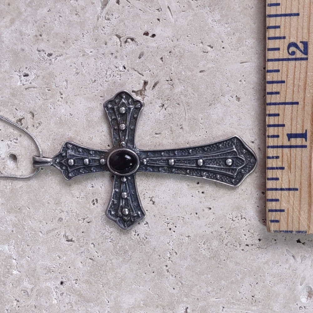 Black Onyx/Sterling Silver Cross Necklace - Picture 6 of 10